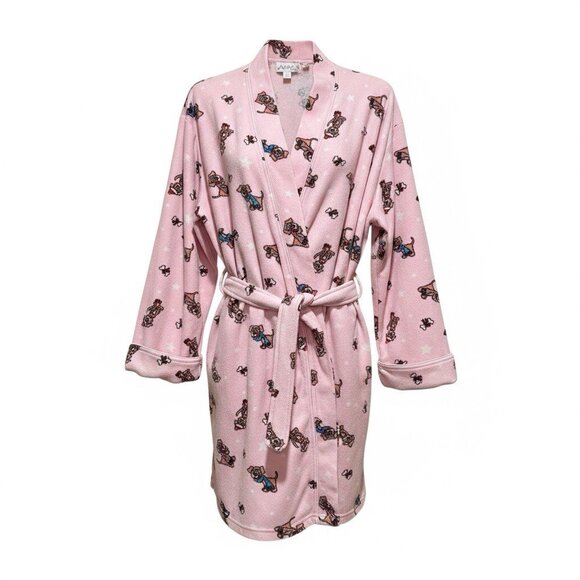 I. Appel Dog Print Fleece Pink Knee Length Belted Robe Womens Size Large - Picture 2 of 10
